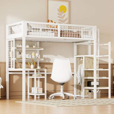 Cama altillo infantil de 90x200 cm con escalera, escritorio, estante de almacenamiento, armario abierto, barandilla de seguridad, de metal, sin colchón, blanco (1/5)