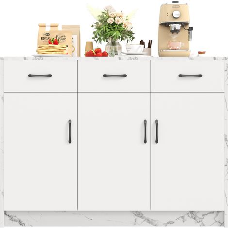 Îlot de cuisine avec bar intégré, 3 tiroirs et 3 portes, effet marbre blanc, étagères réglables, 120 x 60 x 90,5 cm CHICFURN (1/5)