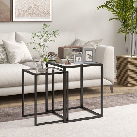 Lot de 2 tables gigognes en verre trempé et acier noir pour salon (1/5)