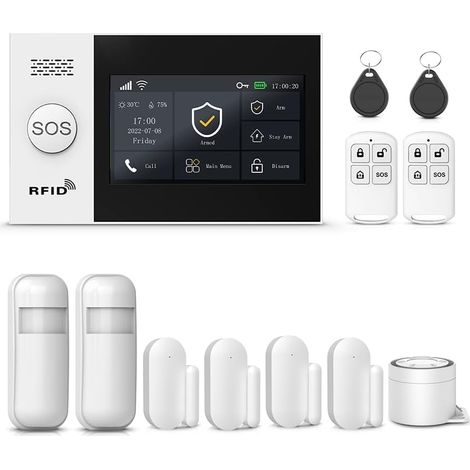 Système d'alarme sans fil intelligent pour maison avec écran tactile, détecteur de mouvement, capteur de porte/fenêtre, télécommande, sirène