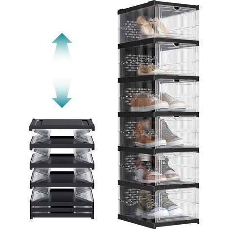 SONGMICS Scatole per Scarpe, Set di 6 Organizzatori Porta Scarpe Impilabili, Scarpiera Pieghevole e Componibile, per Fino alla Taglia 46, Assemblaggio 60s, Trasparente e Nero Inchiostro LSP205B01 (1/5)
