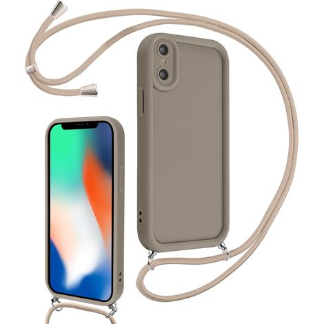Coque pour iPhone X/XS 5,8" avec Cordon de Collier Réglable, Etui Protection de la Caméra Silicone Souple TPU Antichoc Housse avec Corde Cover pour Femmes Filles pour iPhone XS, Kaki (1/5)