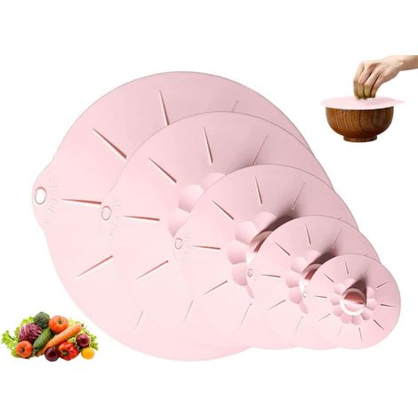 5PCS Couvercle de Bol en Silicone Réutilisables, 5 Tailles Différentes Couvercles en Silicone, Couvercle Silicone Alimentaire, pour Bols, Casseroles, Assiettes(Rose)