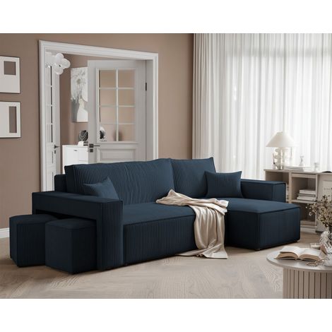 Ecksofa Schlafsofa Sofa ADARA inkl. Hocker Stoff Poso Blau Ottomane Rechts