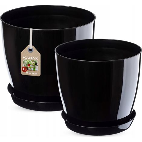 KADAX Blumentopf Set mit Untersetzer, aus Kunststoff, 23 cm + 28 cm, Schwarz