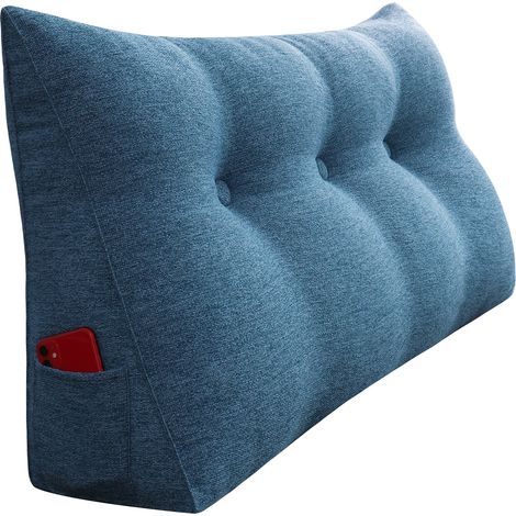 VERCART Coussin de Lecture, Oreiller Traversin Soutien Dorsal, Triangulaire Coussin à Coins, Gros Coussin Canapé, Coussin tête de Lit Dossier, Oreiller de Repos Cale Dos en Lin Bleu 100CM