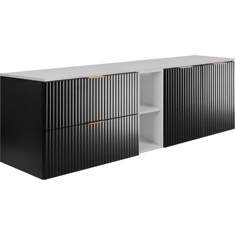 Set da bagno: mobile con cassetti, mobile con ante e ripiano 57×46×180 cm, colore: bianco / nero, maniglia oro (1/5)
