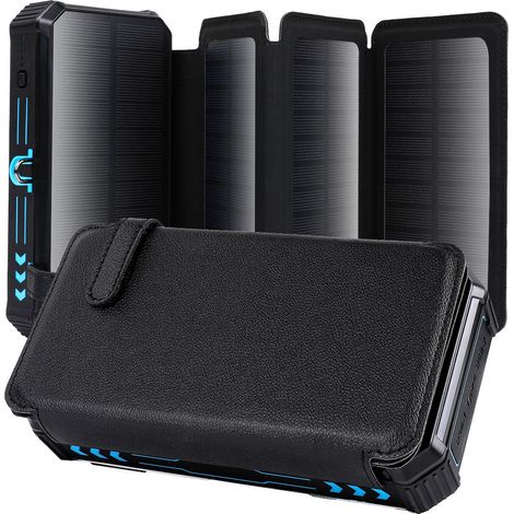 Batterie externe solaire 36800 mAh – Batterie externe étanche avec 4 panneaux solaires et chargement sans fil, 3 modes d'éclairage, adaptée au camping, au chargement des téléphones portables et des ta