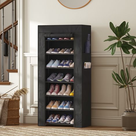 Étagère à chaussures à 7 niveaux, étroite, en acier avec revêtement en tissu non tissé, 2 poches pour 14 à 21 paires, noire (1/5)