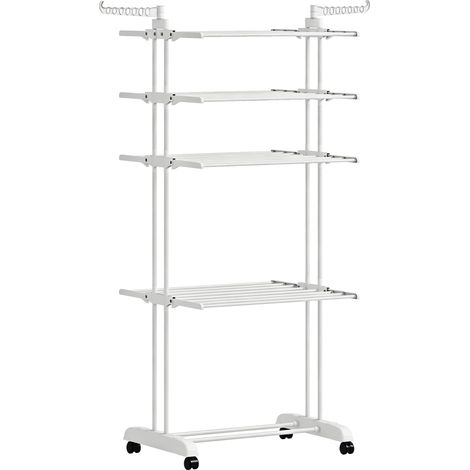 Séchoir à linge pliant 5 étages sur roues, étendoir intérieur avec ailes latérales, structure en acier blanc (1/5)