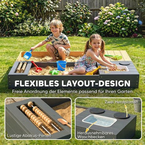 Bac à sable bois 2 compartiments 150x90 cm avec banc, coffre de rangement, réchaud, évier démontable et boulier jaune (1/4)