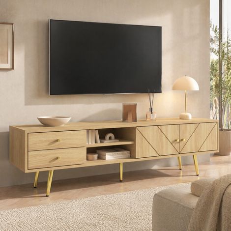Meuble TV moderne 160 cm – 2 portes + 2 tiroirs, 2 niches ouvertes – – Finition mate, 160x36x42cm,couleur naturelle (1/5)