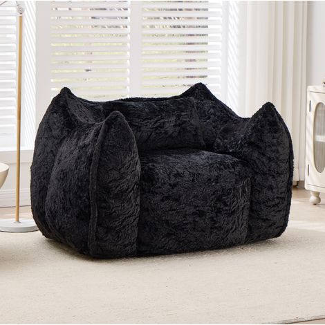 Fauteuil pouf géant avec coussin, 123 x 97 x 73 cm, en fausse fourrure noire HAVRYA (1/5)