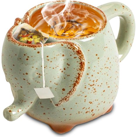 1 Tasse à thé éléphant, support sachet intégré, céramique 3D, poignée queue, 430ml, cuisine salon bureau