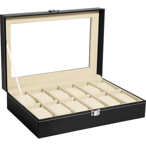 Boîtes à montres à 12 emplacements, boîte à montres pour hommes, vitrine pour montres, boîte de rangement pour montres avec coussin amovible, fermoir en métal, cuir PU, noir/beige (1/5)