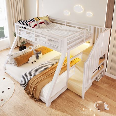 Lit superposé enfant 90x200 et 140x200cm,LED,escalier de rangement,3 niches,garde-corps,métal et MDF blanc,certifié EN747 (1/5)