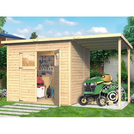 Casera de madera con saliente/voladizo, Bertilo Amrum 3 Plus, 3,86x1,8x2,1m, 2,78m² + 4,16m² - Dancover
