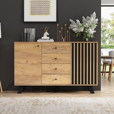 Buffet bas de salon, Bahut meuble de rangement scandinave pour cuisine et salle à manger, En MDF et bois massif avec 4 tiroirs et 2 portes de 120x38x75cm, Naturel et Noir