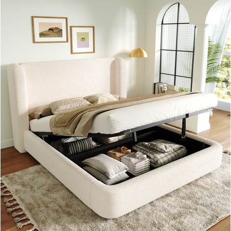 Cama doble 180x200 cm beige en bouclé con somier, almacenamiento hidráulico y cabecero acolchado (1/5)
