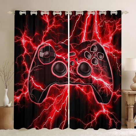 Rideau Occultant 140x260 cm Gaming, Rideau Gamer, Rideaux Voilage Console de Jeu Rétro, Voilage Fenetre Rouge Lightning pour Chambre Salon - 140L X 260H cm (2 Panneaux) (1/5)