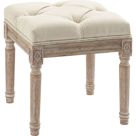 Tabouret beige vintage avec assise capitonnée et pieds en bois sculpté 40x40x43 cm, meuble design classique pour chambre et salon pratique et élégant