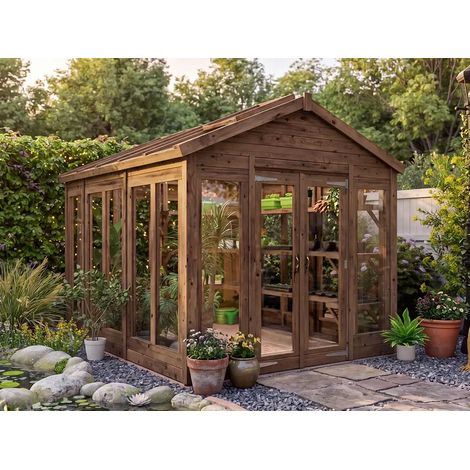Growzilla Wooden Greenhouse W2.4m x D3.0m / W8' x D10' with 4mm Glass and Automatic Vent Opener Dunster House (1/5)