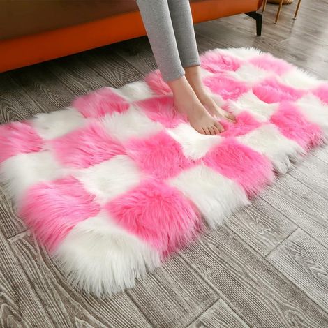 Tapis en fausse fourrure trois couches, épais, lavable, moelleux et doux, en peau de mouton, rectangulaire, 60 x 90 cm, tapis de sol en peluche pour salon, chambre, canapé, chevet, coussin de sol (ros (1/5)