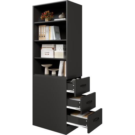Bibliothèque étroite 180 cm avec 3 tiroirs latéraux, 4 niches ouvertes et 2 étagères réglables, meuble de rangement noir pour petit espace, salon ou bureau  CHICFURN (1/5)