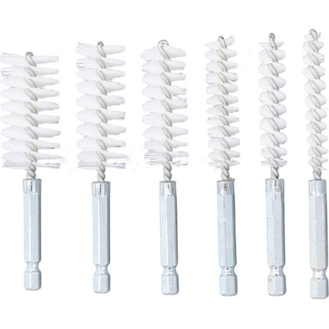Lot de 6 brosses de nettoyage pour perceuse électrique et visseuse à percussion, en nylon blanc, 10 cm (4 po), fil torsadé antirouille, tige hexagonale de 6,35 mm (1/4 po). (1/5)