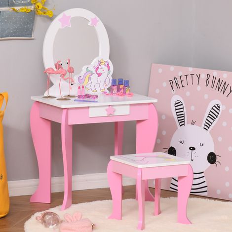 Miroir jouet avec tiroir et tabouret pour jeu de fille 3-6 ans (1/5)