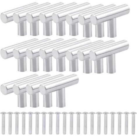 Lot de 20 poignées de meubles de cuisine en acier inoxydable brossé en forme de T avec vis, boutons de cuisine en acier inoxydable pour tiroirs, placards, placards, décoration d'intérieur (argent)
