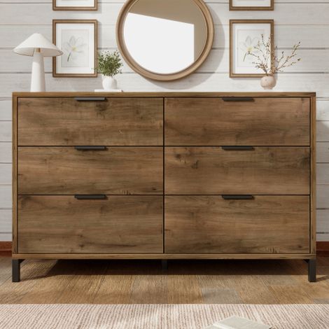 Commode, buffet à 6 tiroirs, 120 x 40 x 76 cm en chêne foncé, buffet/haut de commode pour chambre et pièces à vivre (1/5)