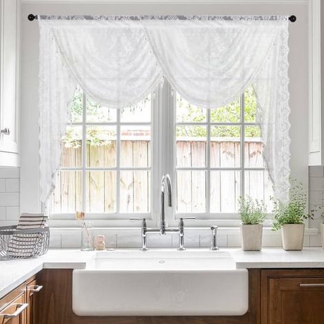 Rideau en dentelle florale vintage - Rideau cascade pour cuisine, salon, salle de bain, café - Blanc 1,5 mètre Blanc 150 x 105 cm Blanc (1/5)