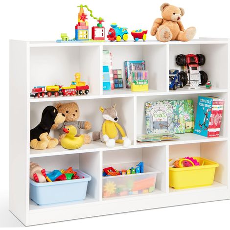 Costway – Bibliothèque enfant 3 niveaux – 8 cases de rangement – Dimensions 122 x 32 x 93 cm – Charge 60 kg – Bois d'ingénierie et MDF blanc (1/5)