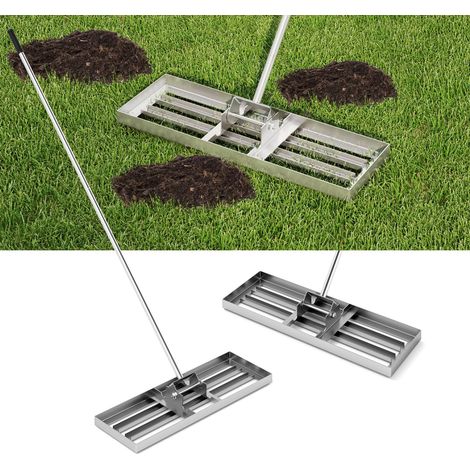 Rastrello livellatore per prato da 75 x 25 cm, attrezzo per livellare il terreno per impieghi gravosi con impugnatura da 170 cm, livellatore per terreno, argento (1/5)