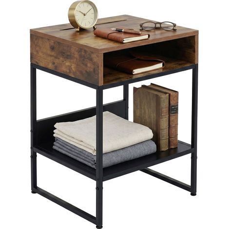 Relaxdays Nachttisch, 2 offene Fächer, Handyhalter, 40x40x30 cm, Schlafzimmer, Industrial Nachtschrank, schwarz/braun