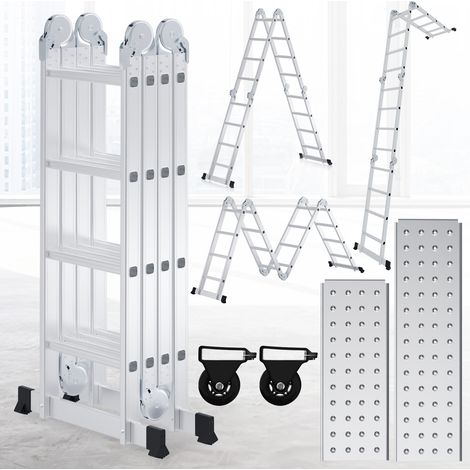 Randaco Escalera plegable articulada 7 en 1 de aluminio, 4x4 peldaños, aprox. 470 cm / 4,7 m, plegable, 2 plataformas + 2 ruedas, carga máxima 150 kg (1/5)