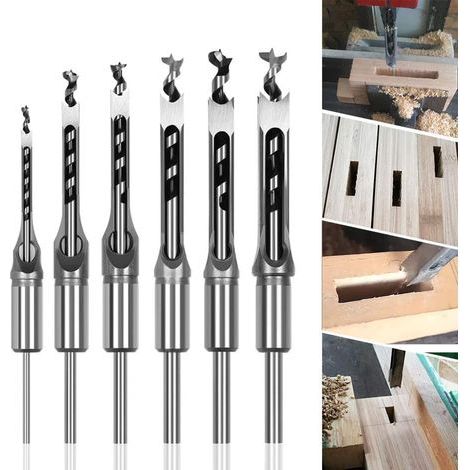 Lot de 6 Forets à bois trou carré Bédanes Creux en Acier Outils Set pour travail du bois Foret a trou carre Foret Trou de Perçage Mortaiser Burin 6,4/8/9,5/12,7/14/16mm Mèches Trou Carré (1/5)