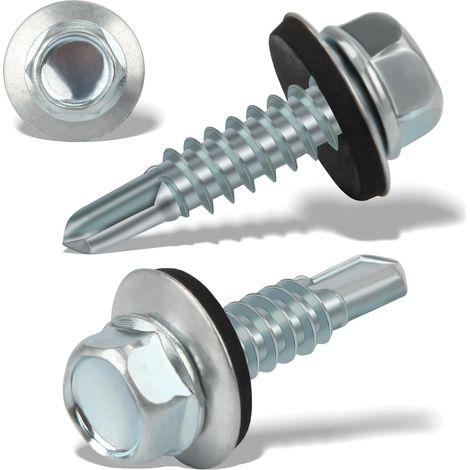 Vis Autoforeuse Metal 6,3 X 25 mm - Vis Autoperforante Inox Bac Acier Toiture - Vis à Tête Hexagonale Avec Rondelle D'étanchéité - Vis à Tôle Galvanisées(Argenté) (1/5)