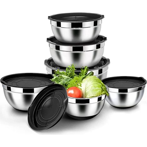 Mixing Bowl - Stainless Steel - With Lid - For Cooking And Baking - Set Of 3 (1/5)