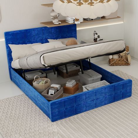 Lit rembourré en velours doux avec tête de lit, tissu velours bleu, design de chambre moderne, espace de rangement, convient pour un matelas de 160 × 200 cm. (1/4)
