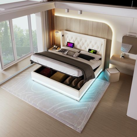 Bett mit Stauraum PU Weiß 160x200 cm, mit LED-Beleuchtung, USB- und Typ-C-Anschluss, inklusive Lattenrost