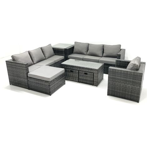 Fimous Ensemble de meubles de jardin en polyrotin 10 places avec Canapé Table basse 3 Tabourets Fauteuil Table d'appoint Gris foncé mixte (1/5)