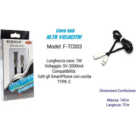 Trade Shop - USB-Typ-C-Hochgeschwindigkeitskabel für Smartphones, 1 m, 5 V – 2000 mA, Maxtech F-TC003 - (1/2)