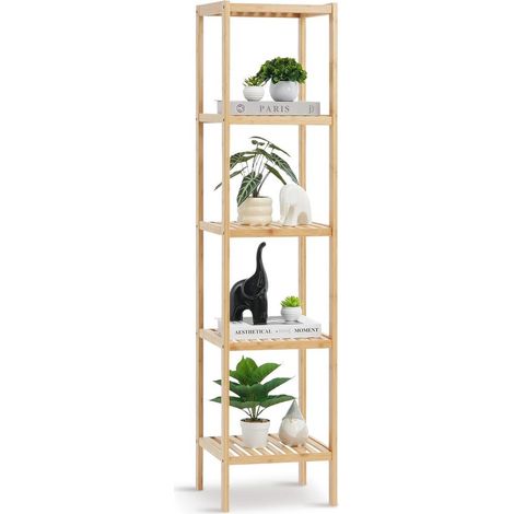 Pour la maison, rangement facile avec étagère d'angle 5 niveaux en bambou naturel pour salle de bain (1/5)