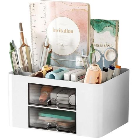 Organiseur de bureau, porte-stylos multifonctionnel à 5 compartiments et 2 tiroirs, plateau en plastique, idéal pour la maison et l\'école. (1/5)