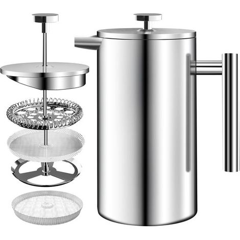 Cafetera de émbolo de acero inoxidable de 1 litro (34 oz) con sistema de filtrado de 3 niveles (1/5)