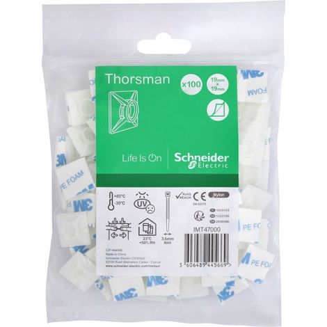 Embase auto-adhésive 19x19mm translucide pour collier serre-cable largeur 3.6mm max (blister de 100) Pa6.6mm anti-UV Thorsman (1/2)