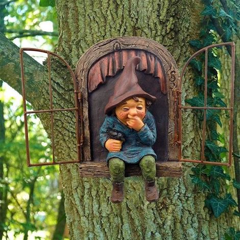 Statue de nain de jardin féerique fantaisiste, décoration d'extérieur avec visages d'arbres - 15 cm, décoration amusante pour arbre de jardin, idéale pour patio, cour, pelouse, porche (1/4)