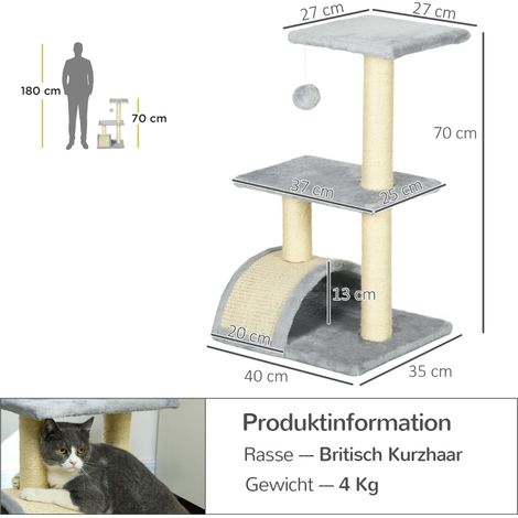 Arbre à chat 72 cm avec balles en peluche, poteaux en sisal, plateforme et griffoir – jouet pour chat, griffoir vertical, gris clair (1/4)
